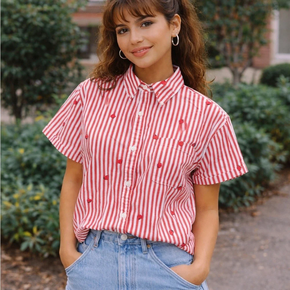 St. John’s Bay Strawberry Striped Button-Up Fruit Top Women’s M Cotton 90s Retro - Picture 1 of 9